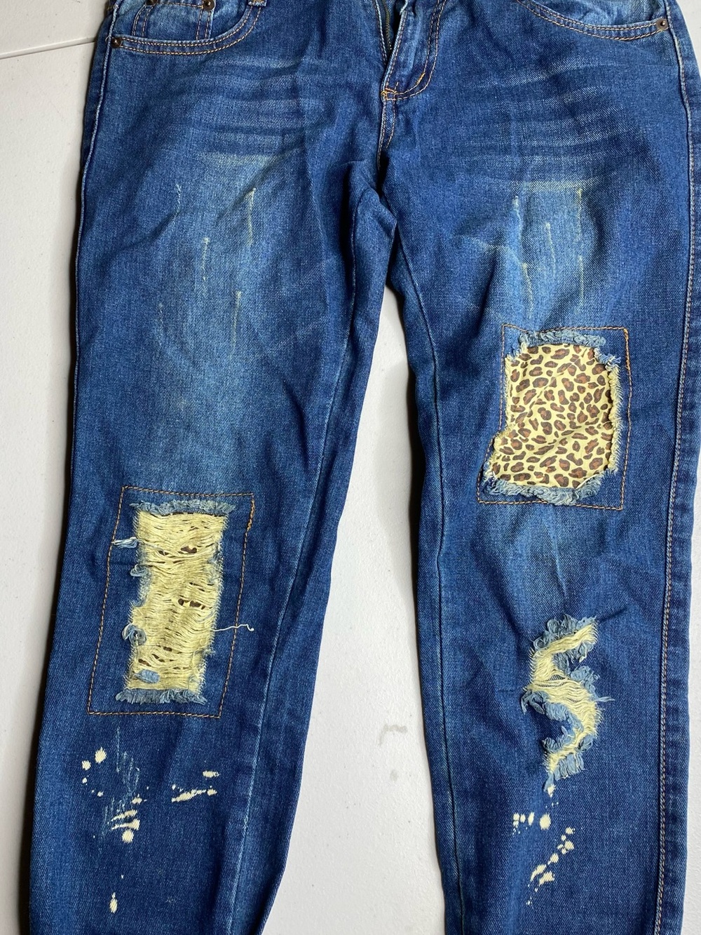 Blue Womens Distressed Patchwork Jeans with Leopard Accent